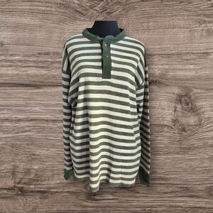 L.L. Bean Green and White Striped Long Sleeve Shirt